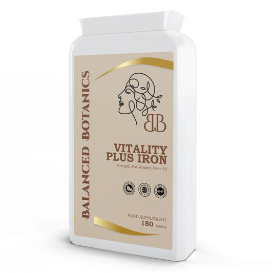 Supplement package labeled 'Vitality Plus Iron' by Balanced Botanics on a white background