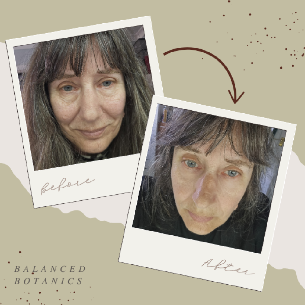 Before and after comparison of a woman's hair with 'Balanced Botanics' branding.