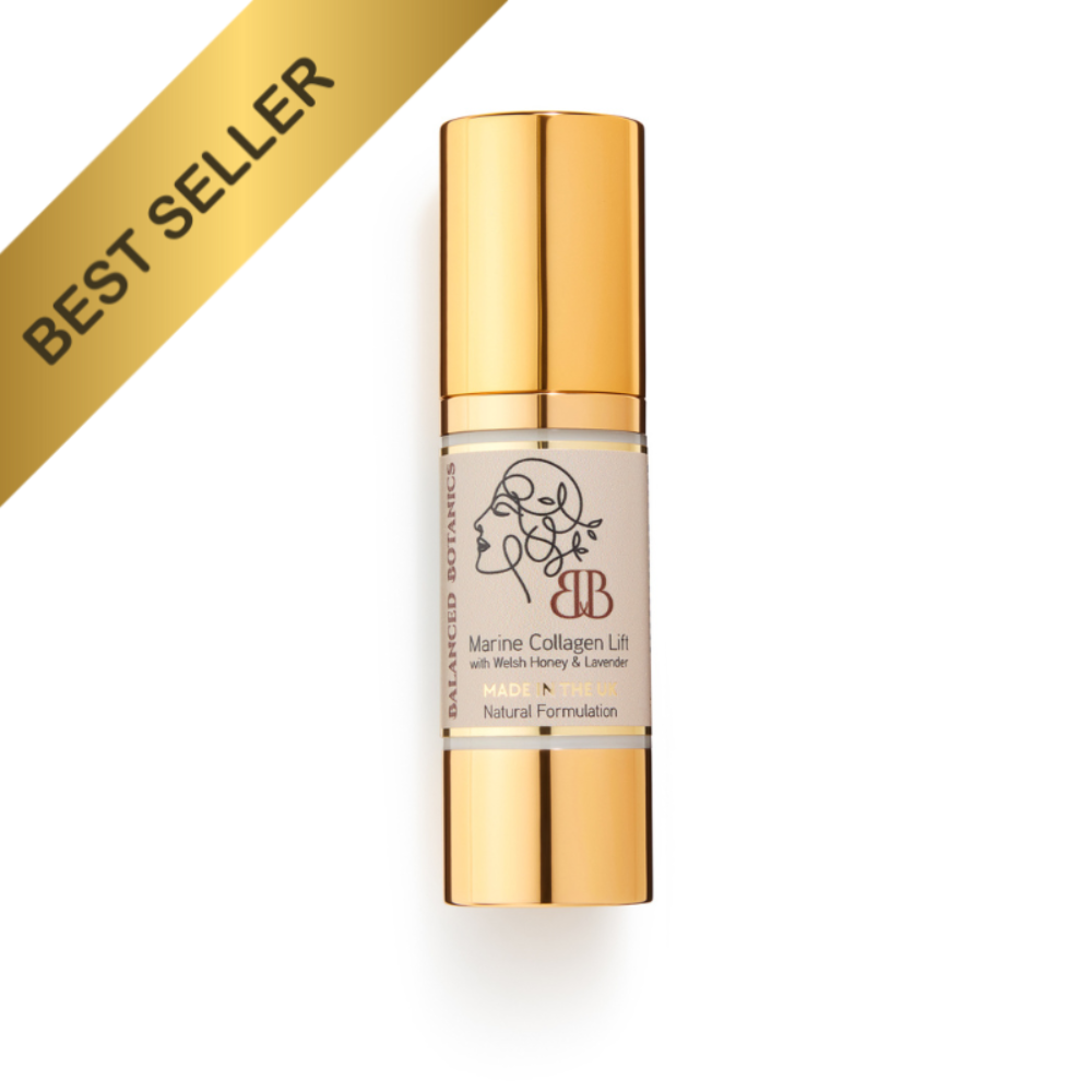 Skincare bottle with gold cap and 'Best Seller' label on a white background