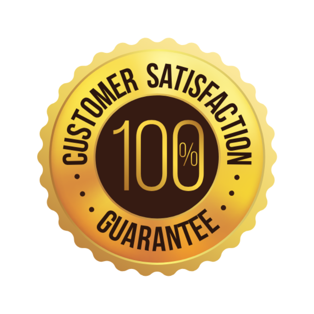 Gold and brown badge with 'Customer Satisfaction 100% Guarantee' text on a white background