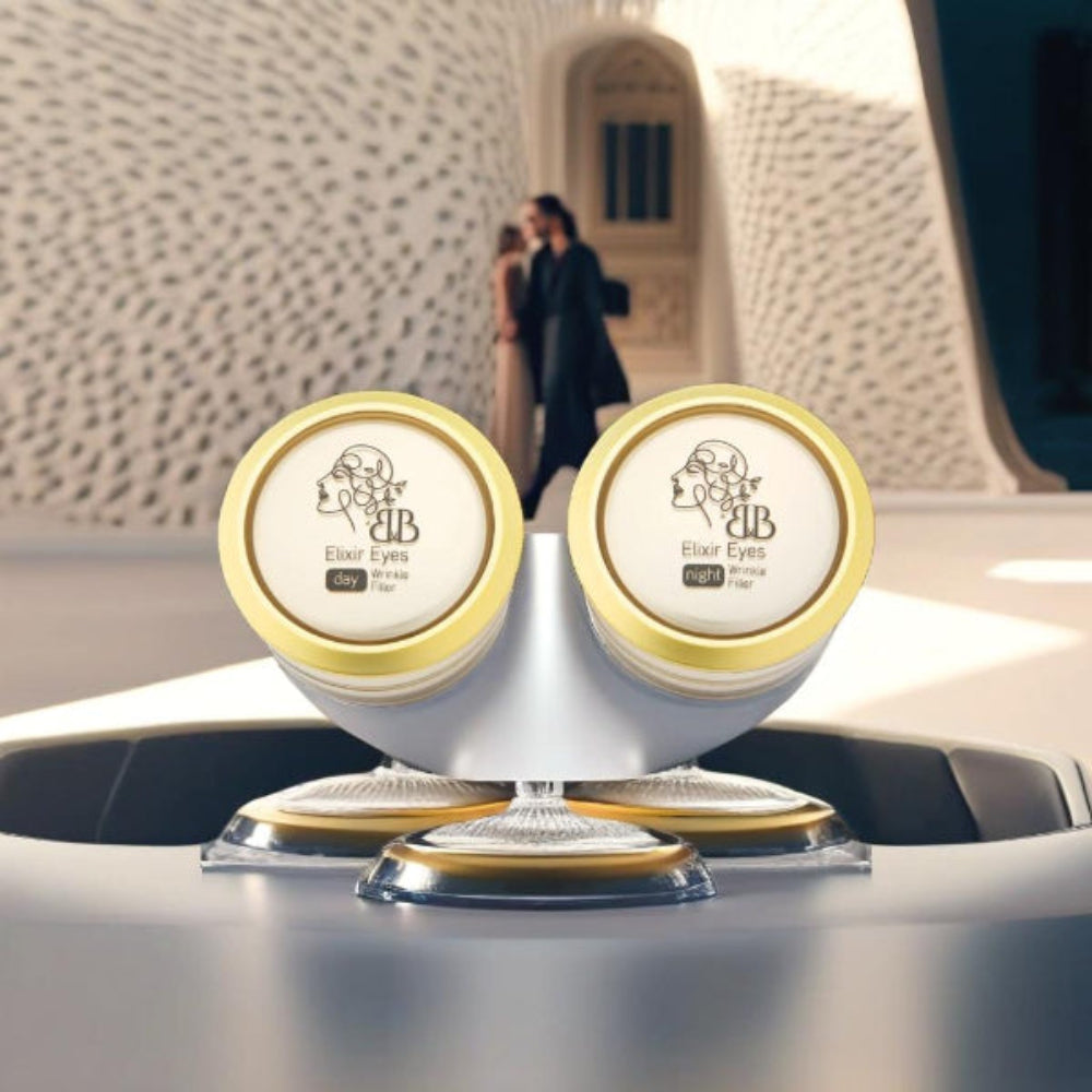 Two jars of 'Elixir Eyes' cream on a reflective surface with a blurred architectural background