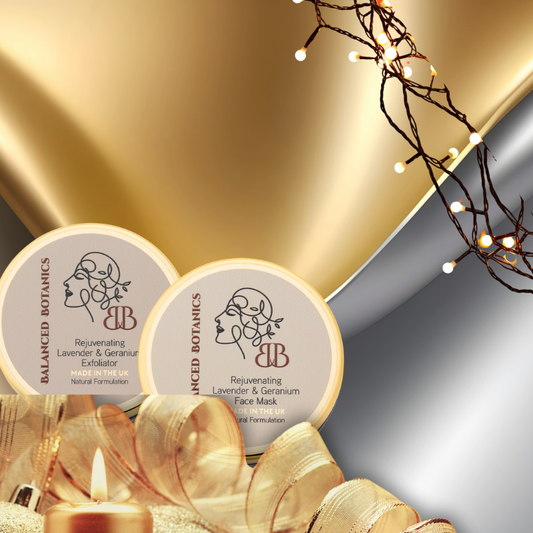 Balanced Botanics face mask packaging with decorative lights and candle on a gold and gray background