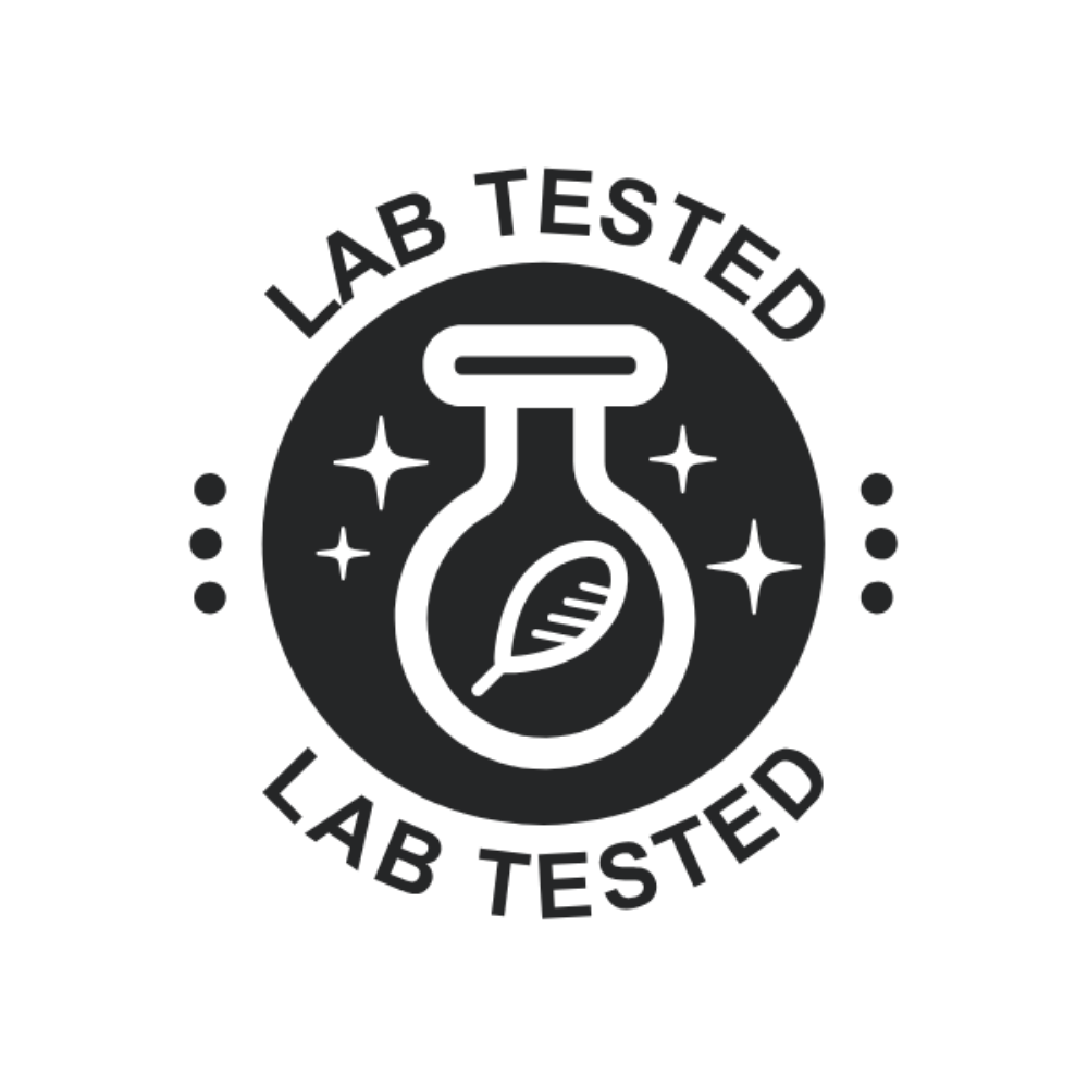 Black and white 'Lab Tested' logo with a beaker and leaf symbol on a white background