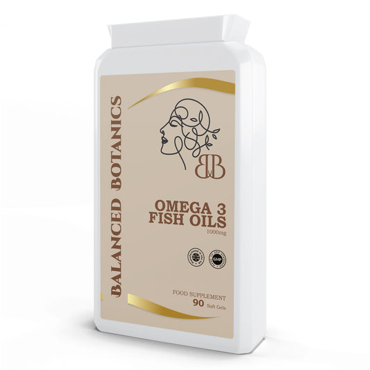 Packaging of Balanced Botanics Omega 3 Fish Oils on a white background