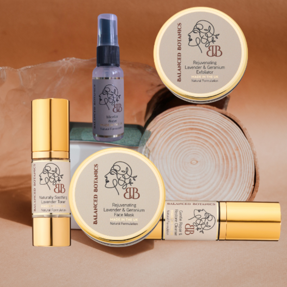Balanced Botanics skincare products on a beige background
