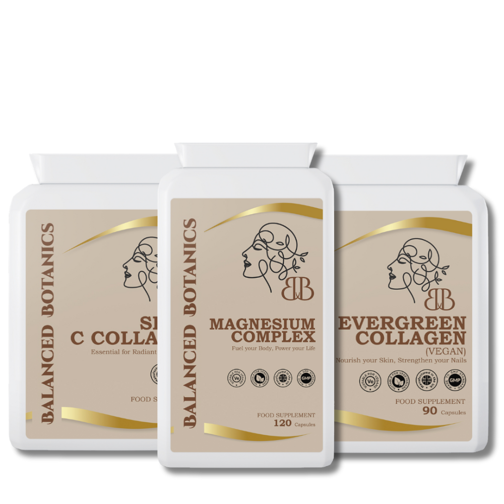 Three supplement containers labeled 'C Collagen', 'Magnesium Complex', and 'Evergreen Collagen' on a white background.