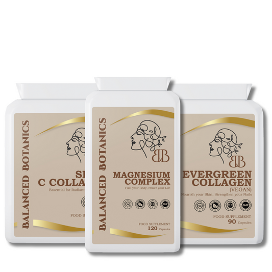 Three supplement containers labeled 'C Collagen', 'Magnesium Complex', and 'Evergreen Collagen' on a white background.