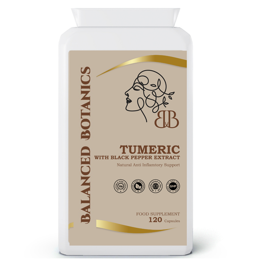 Balanced Botanics Tumeric with Black Pepper Extract supplement bottle on a white background