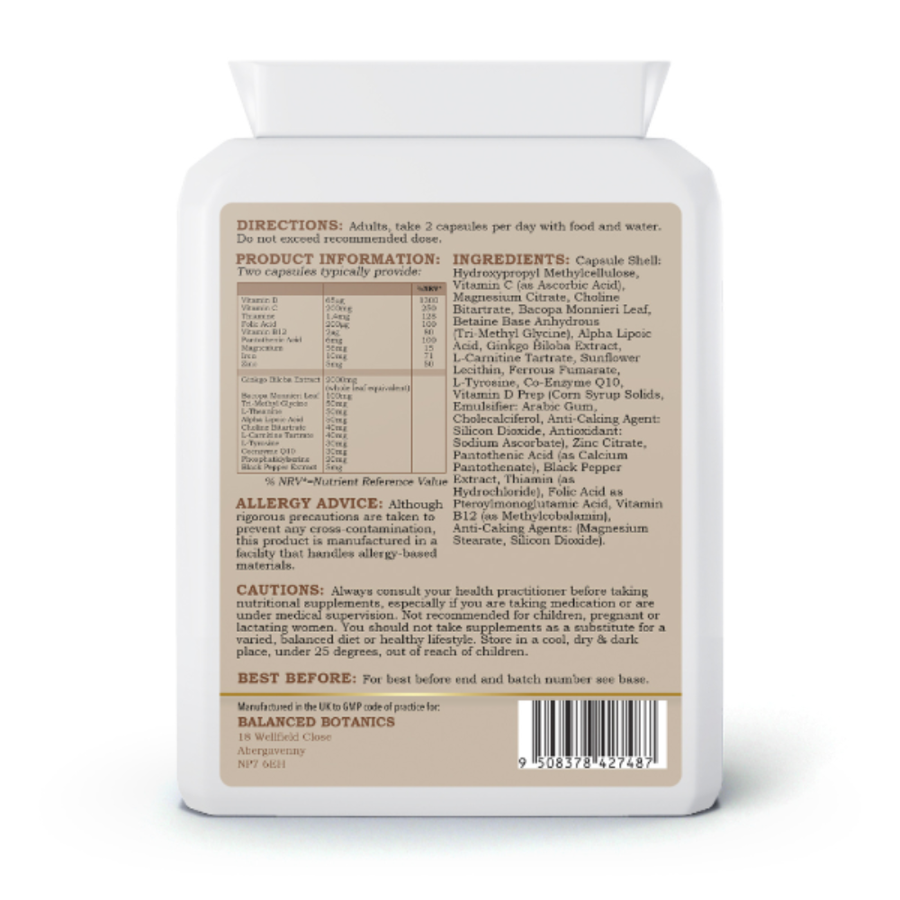 Back label of a supplement container with directions, ingredients, and other information.