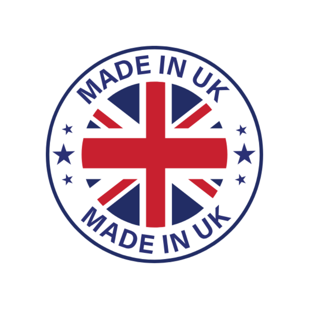 Circular badge with Union Jack design and 'MADE IN UK' text on a white background