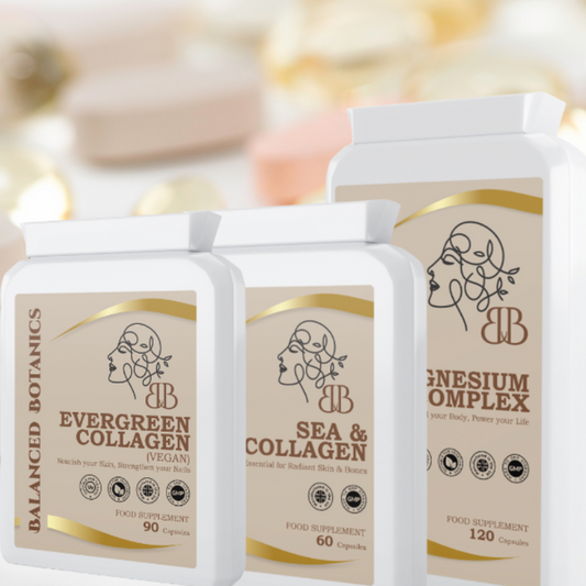 Three supplement containers labeled 'Evergreen Collagen', 'Sea & Collagen', and 'Magnesium Complex' on a blurred background.