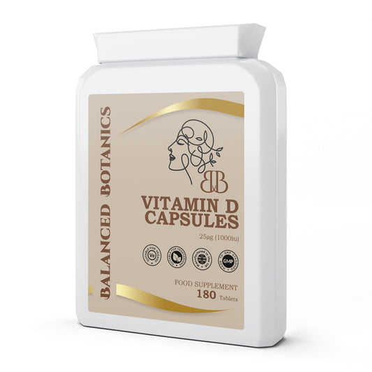 Packaging of Balanced Botanics Vitamin D Capsules on a white background