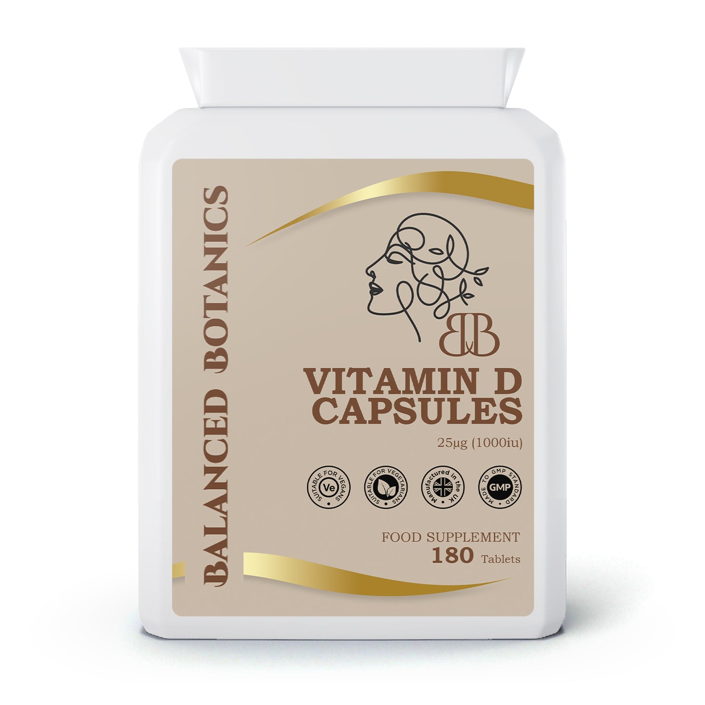 Packaging of Balanced Botanics Vitamin D Capsules on a white background