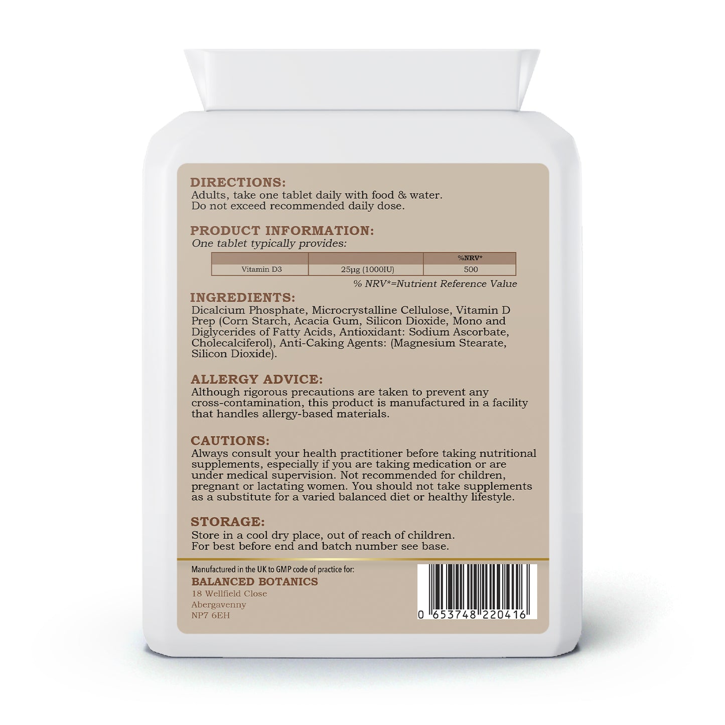 Back label of a supplement container with text and directions.