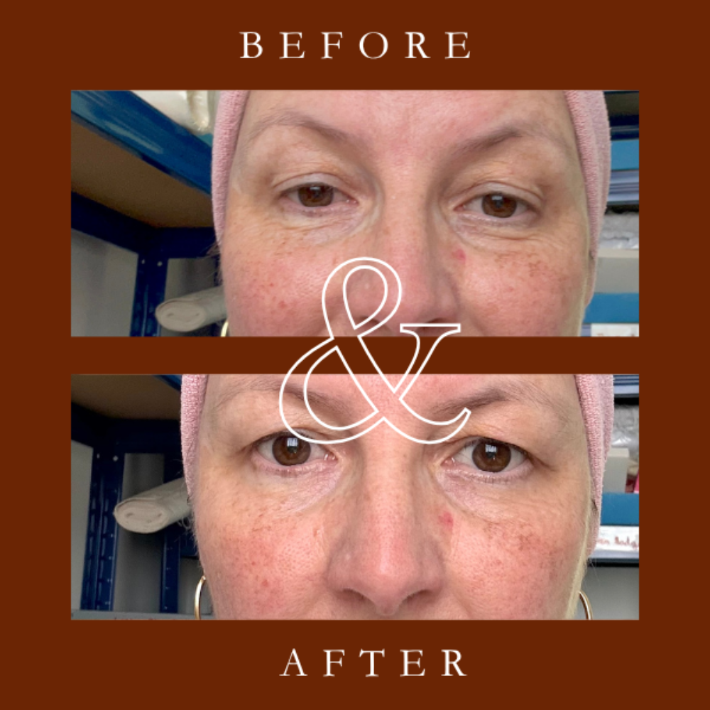 Before and after comparison of a person wearing a pink headscarf with a brown border.