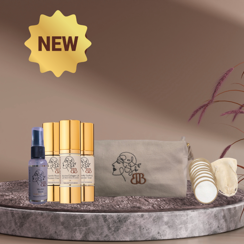 Cosmetic products with a 'NEW' label on a brown background