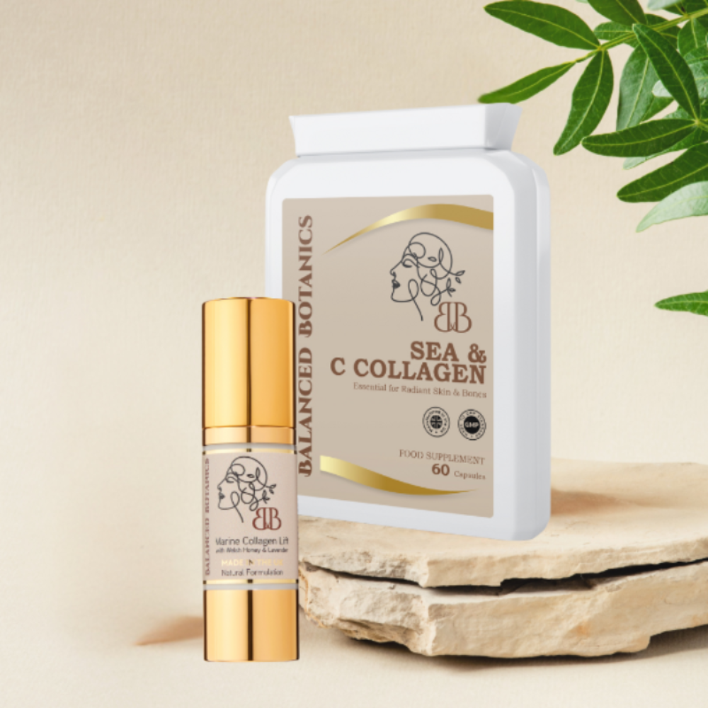 Sea & C Collagen supplement bottle and capsules on a neutral background with green leaves.