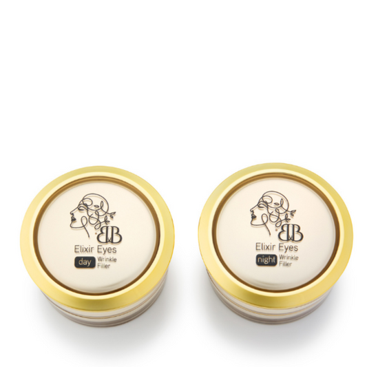 Two containers of 'Elixir Eyes' day and night wrinkle filler on a white background
