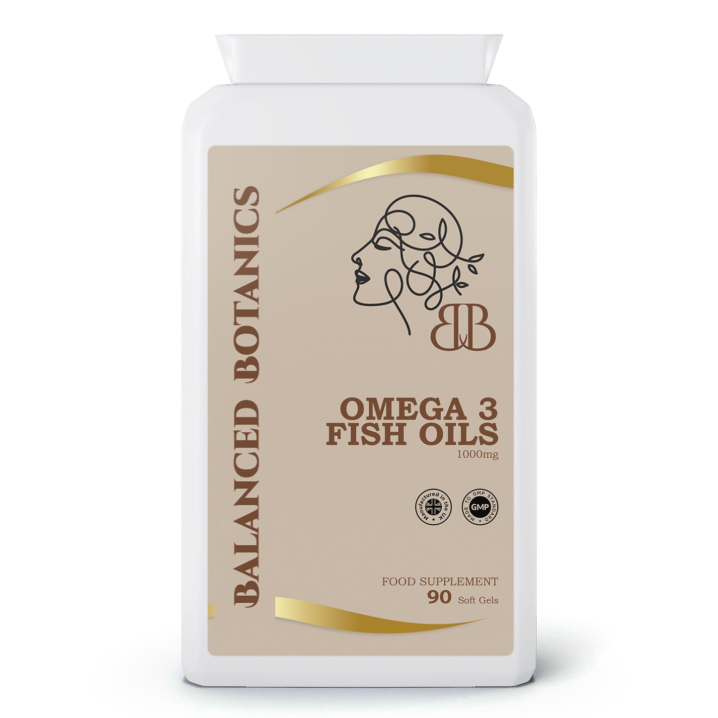 Omega 3 fish oils supplement bottle with 'Balanced Botanics' branding on a white background