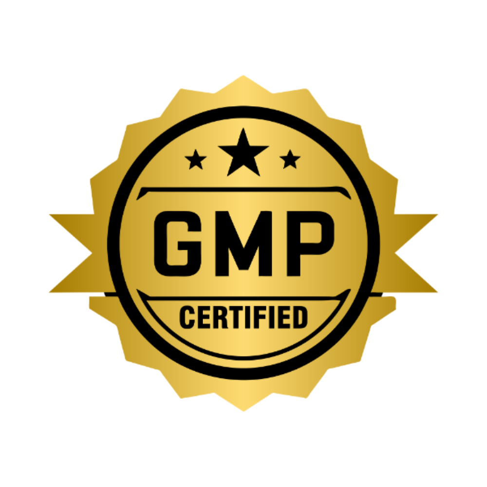 GMP Certified badge with gold border and black text on a white background