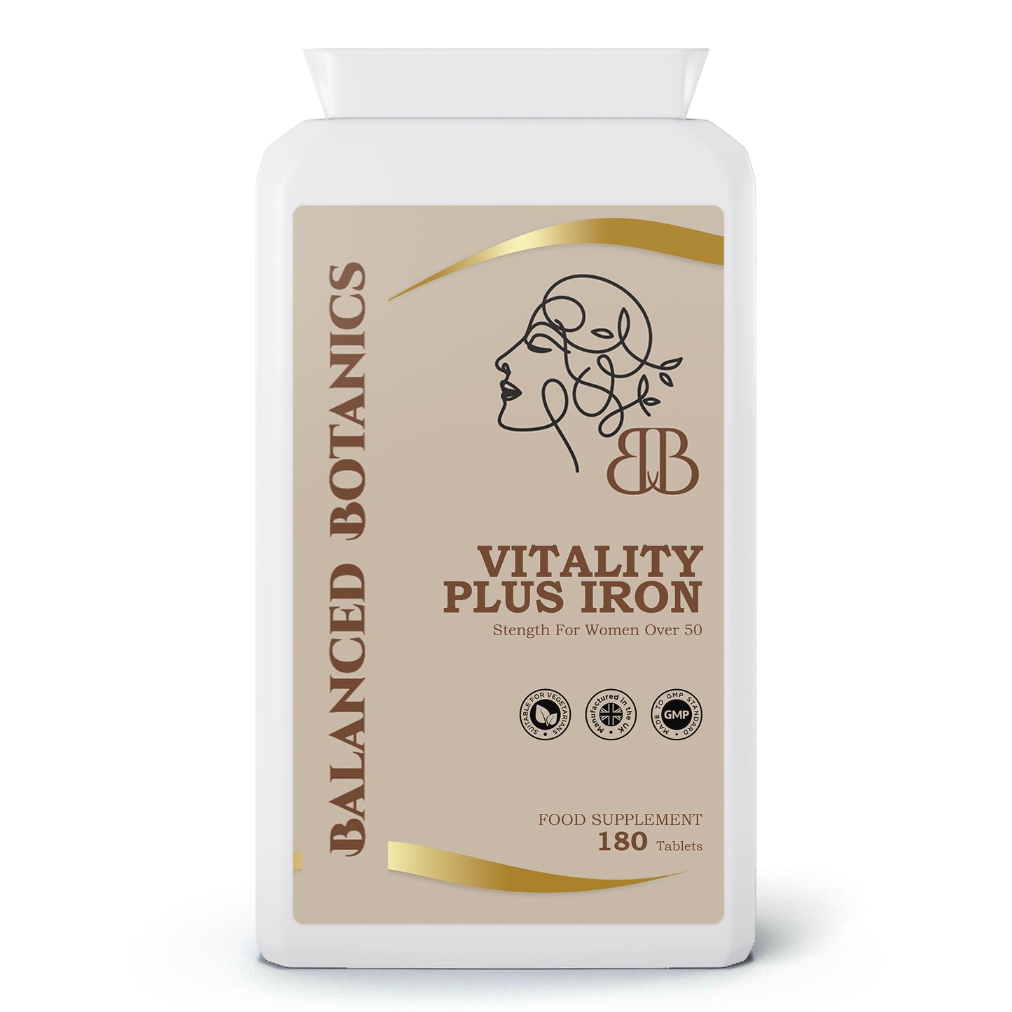 Supplement bottle labeled 'Vitality Plus Iron' by Balanced Botanics on a white background