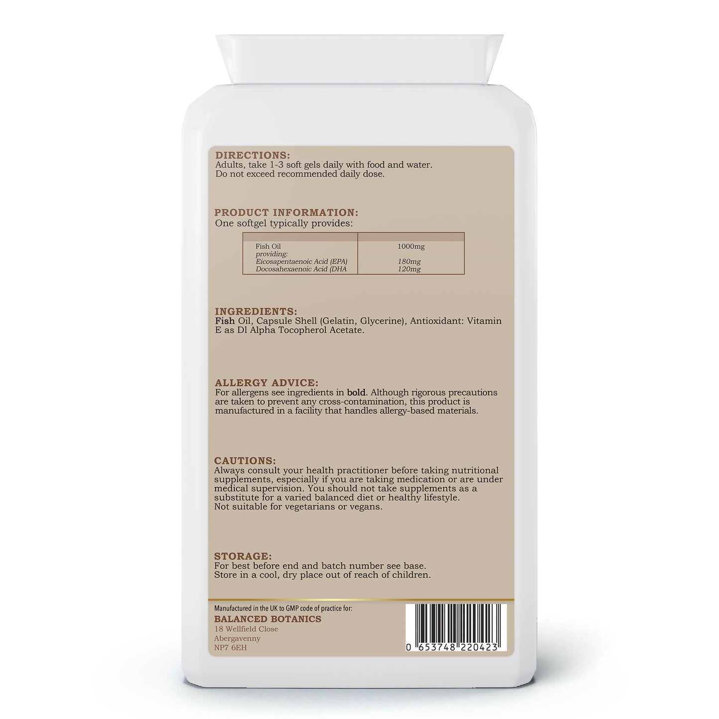 Supplement bottle label with directions, product information, ingredients, and storage details on a white background.