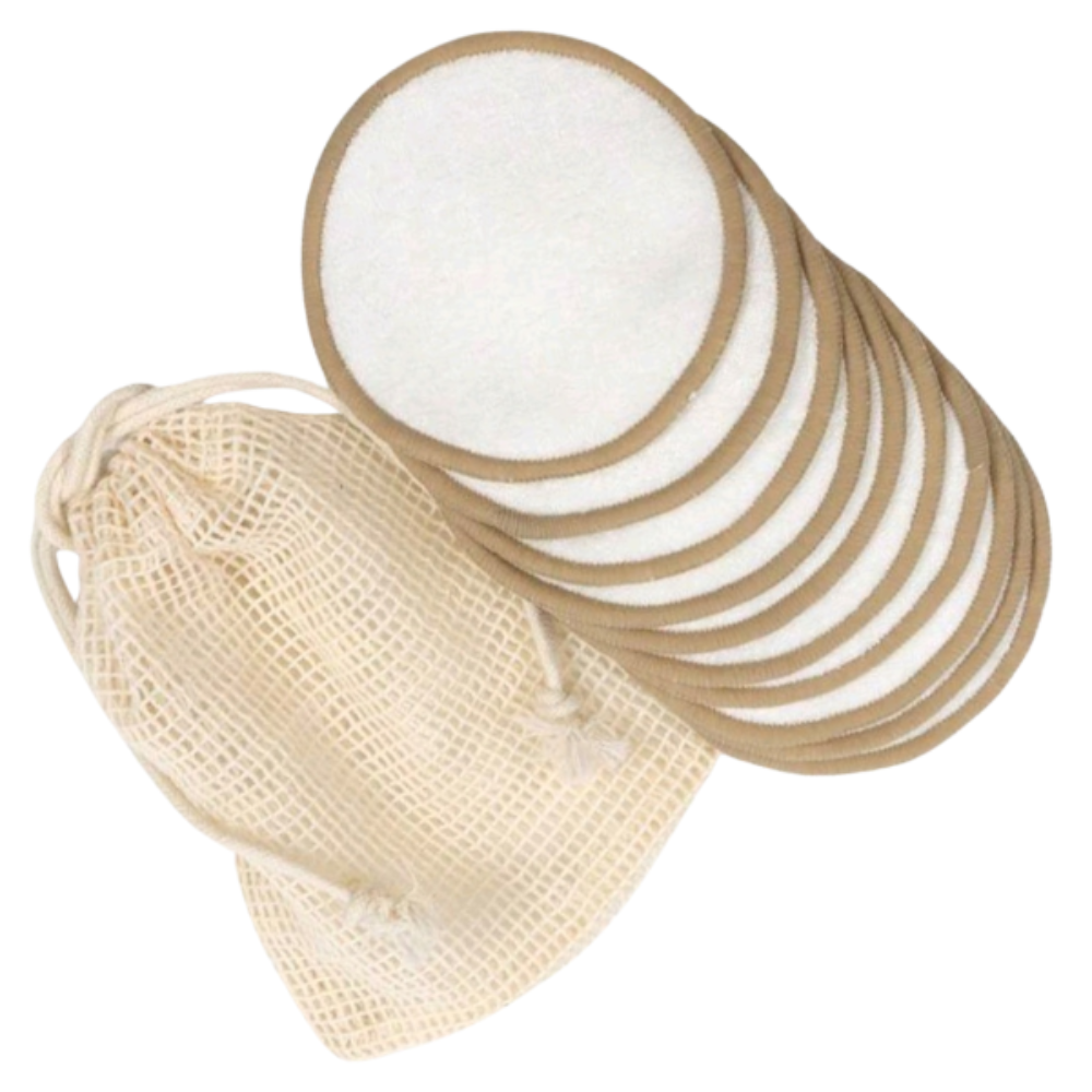 Set of reusable cotton pads with a mesh storage bag on a white background