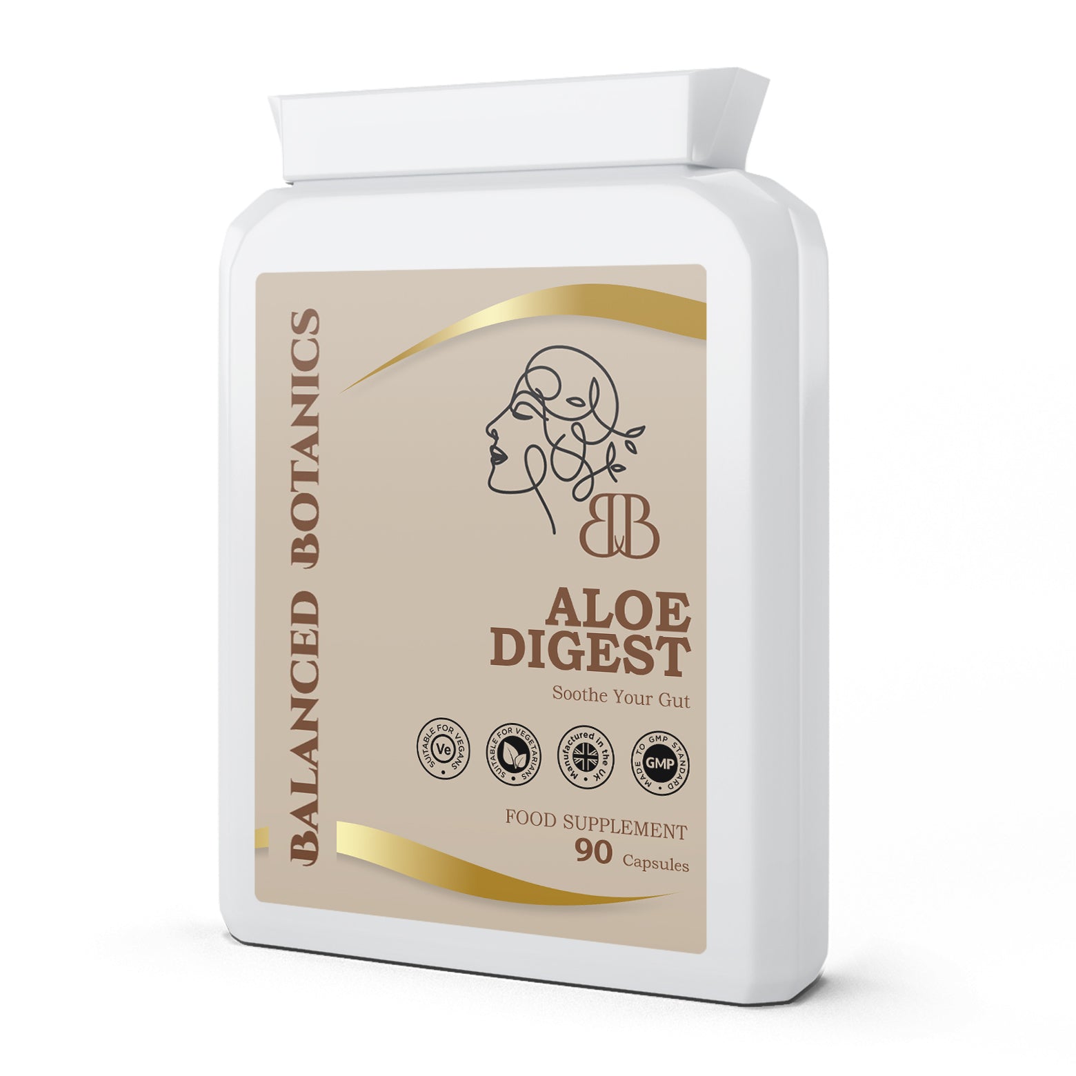 Aloe Digest supplement container with 'Balanced Botanics' branding on a white background