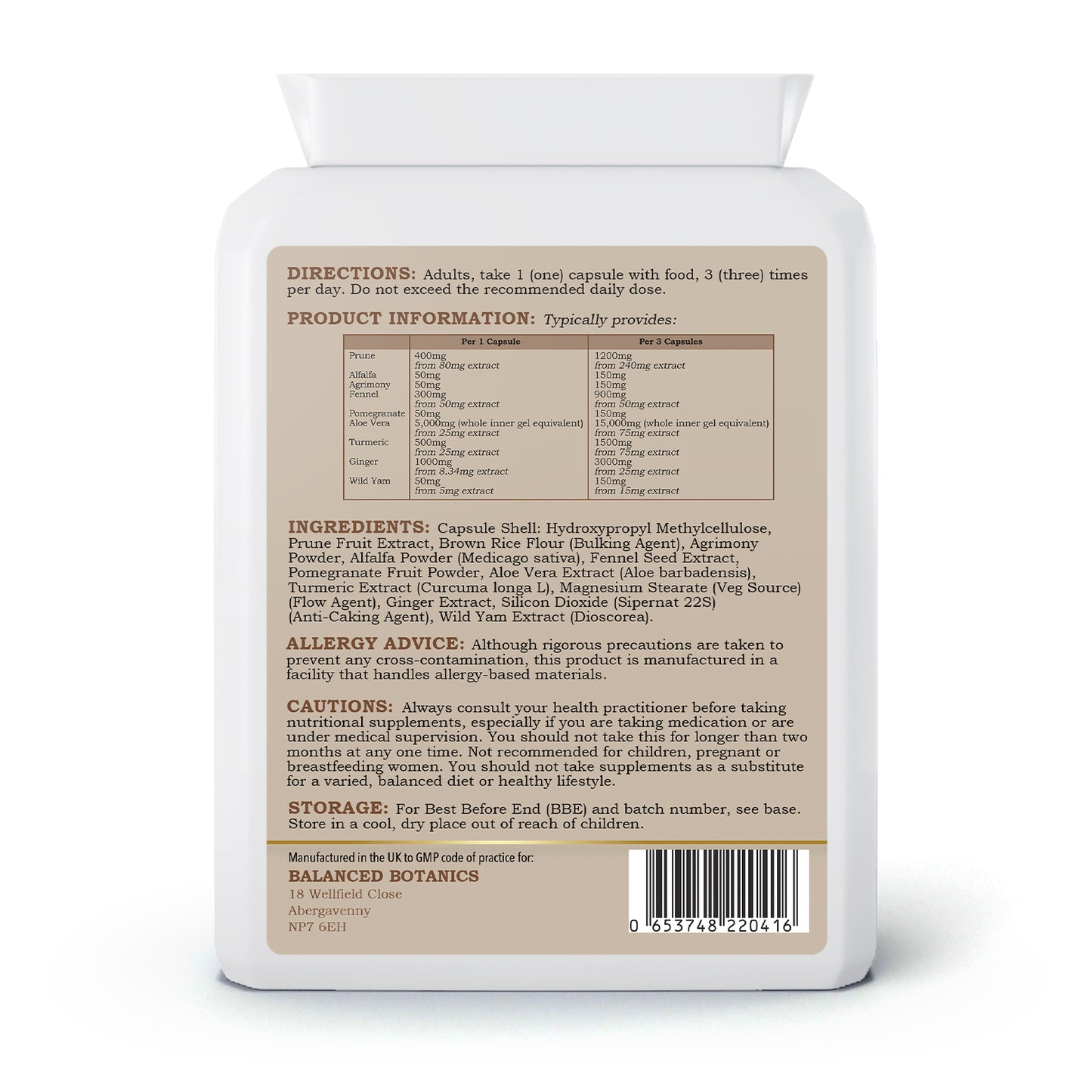 Supplement bottle label with directions, product information, ingredients, and allergy advice on a white background.
