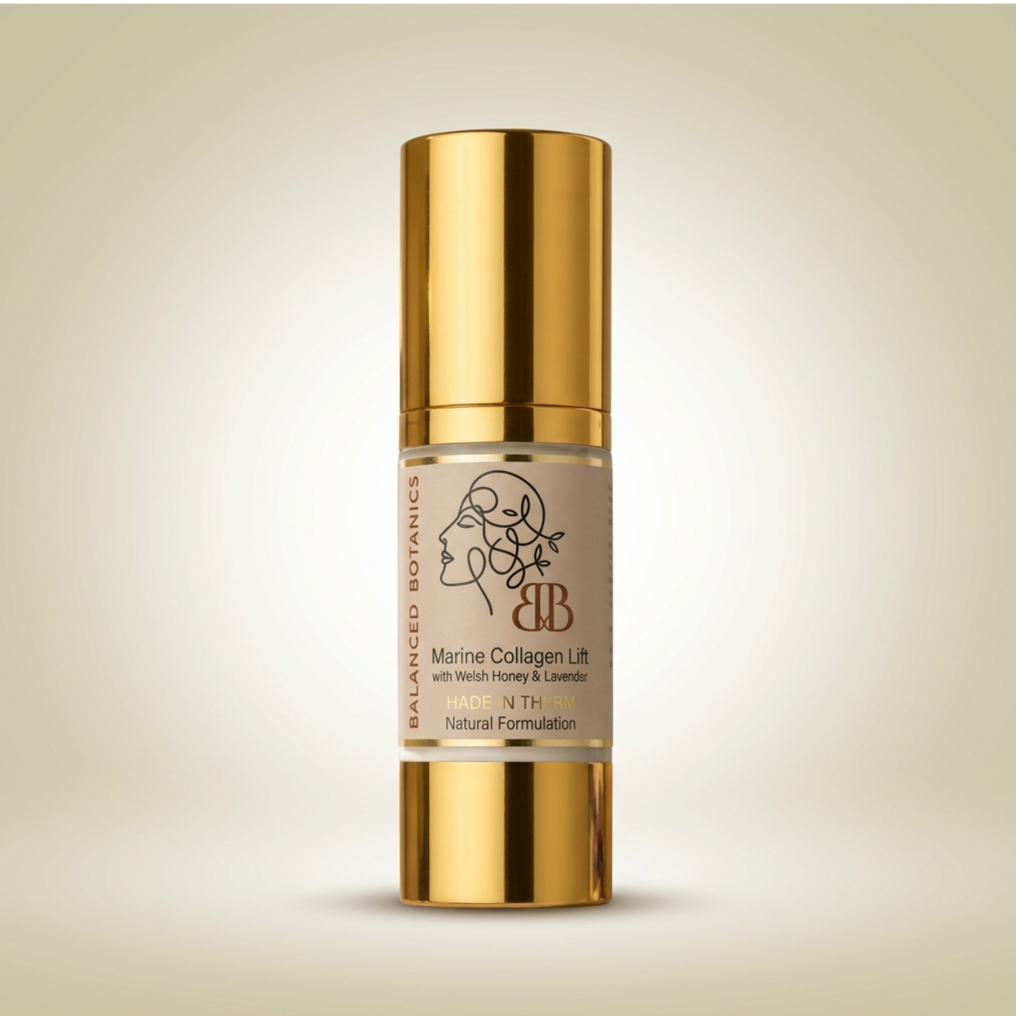 Balanced Botanics Marine Collagen Lift serum in a cylindrical gold bottle with a clear middle section showing the beige-colored serum inside, set against a soft beige gradient background.