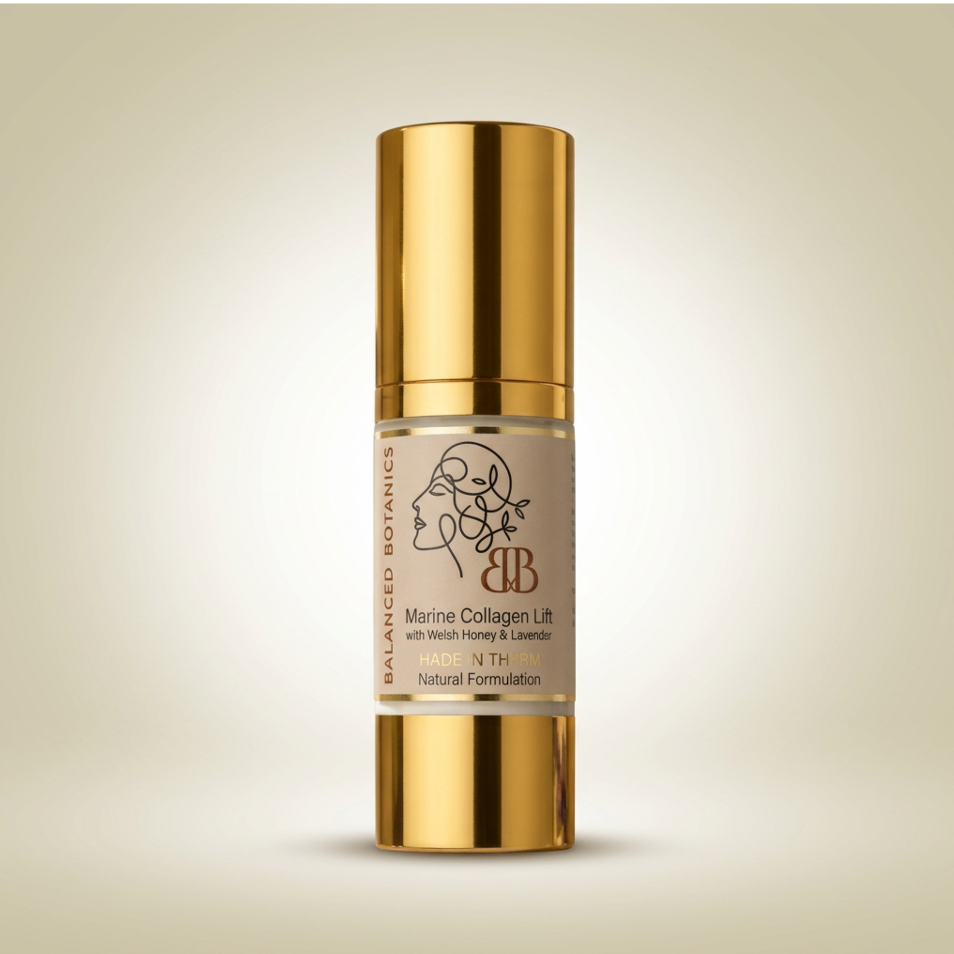 Balanced Botanics Marine Collagen Lift serum in a cylindrical gold bottle with a clear middle section showing the beige-colored serum inside, set against a soft beige gradient background.