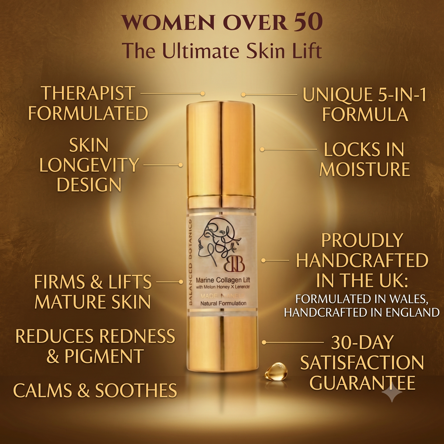 A gold cosmetic bottle labeled BB Marine Collagen Lift centered on a warm brown background with multiple marketing text callouts around it. The image is not a plain product-only shot because the surrounding text overlays are a key part of the presentation, but it is still primarily showing the product itself rather than instructions, a chart, or a lifestyle scene, so Product/Packaging is the best fit.