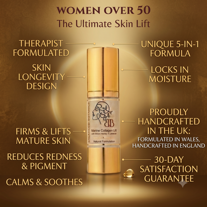 A gold cosmetic bottle labeled BB Marine Collagen Lift centered on a warm brown background with multiple marketing text callouts around it. The image is not a plain product-only shot because the surrounding text overlays are a key part of the presentation, but it is still primarily showing the product itself rather than instructions, a chart, or a lifestyle scene, so Product/Packaging is the best fit.