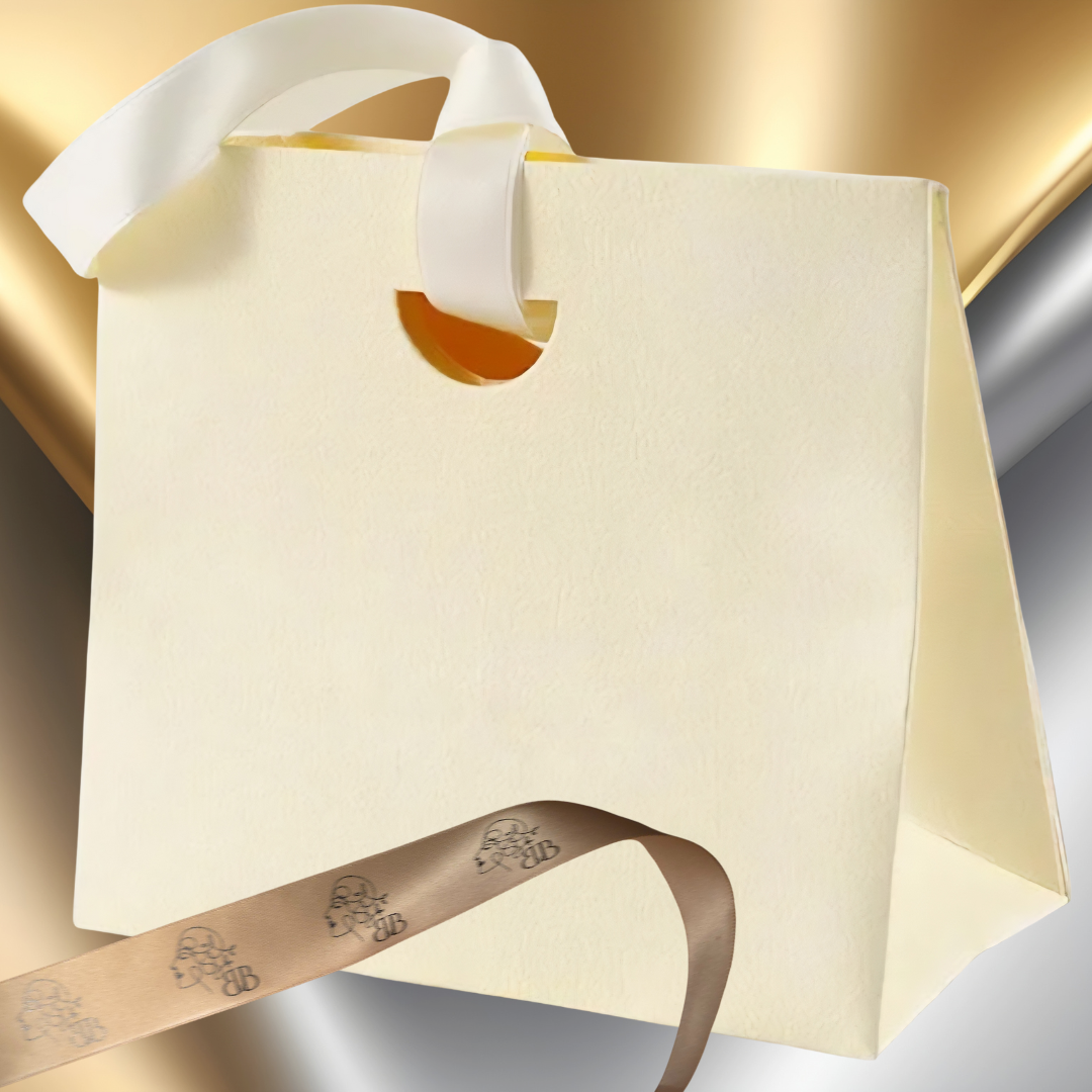 Beige gift bag with a ribbon on a gradient background