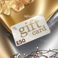 Gift card with £50 value on a gold background with decorative elements