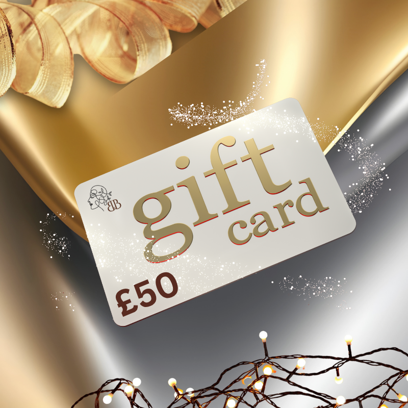 Gift card with £50 value on a gold background with decorative elements