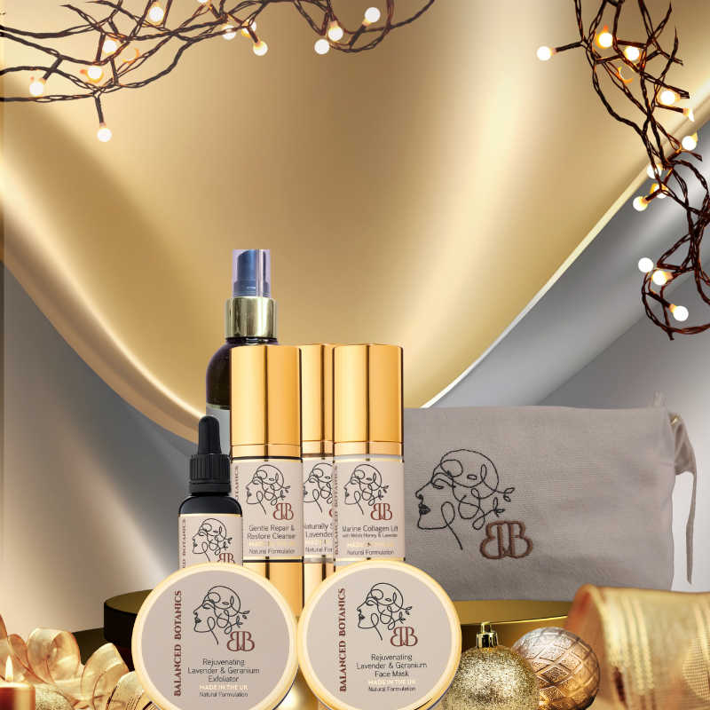 Cosmetic products with a decorative background featuring lights and branches.