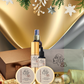 Cosmetic products with decorative elements on a gold and gray gradient background