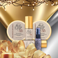Balanced Botanics skincare products with decorative elements on a gold and gray background