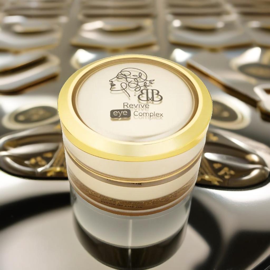 Cosmetic container labeled 'Revive Eye Complex' on a metallic background
