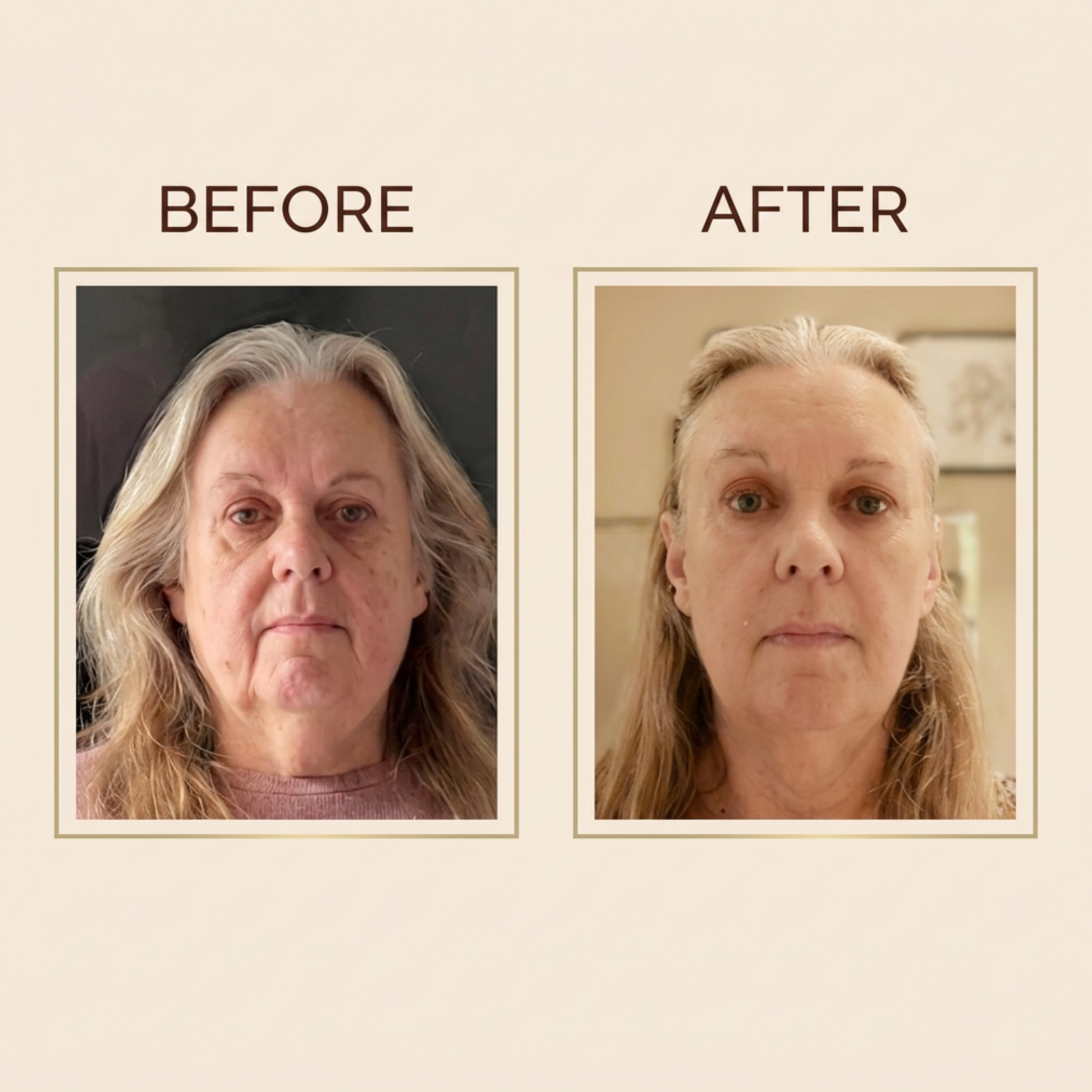 Before and after comparison of a person with long hair on a beige background