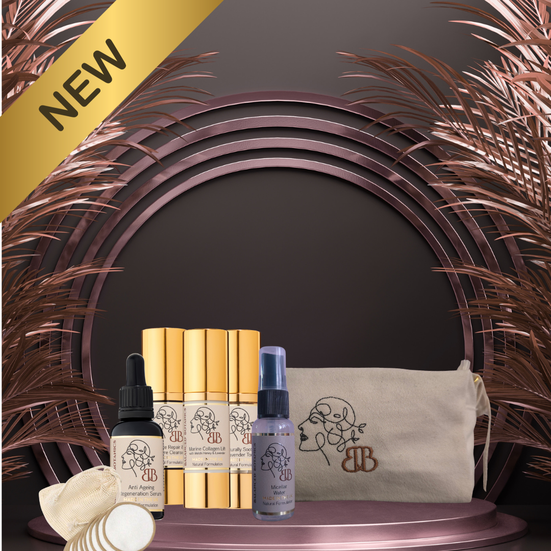 Beauty product set with bottles and a pouch on a decorative stand with a 'NEW' label.