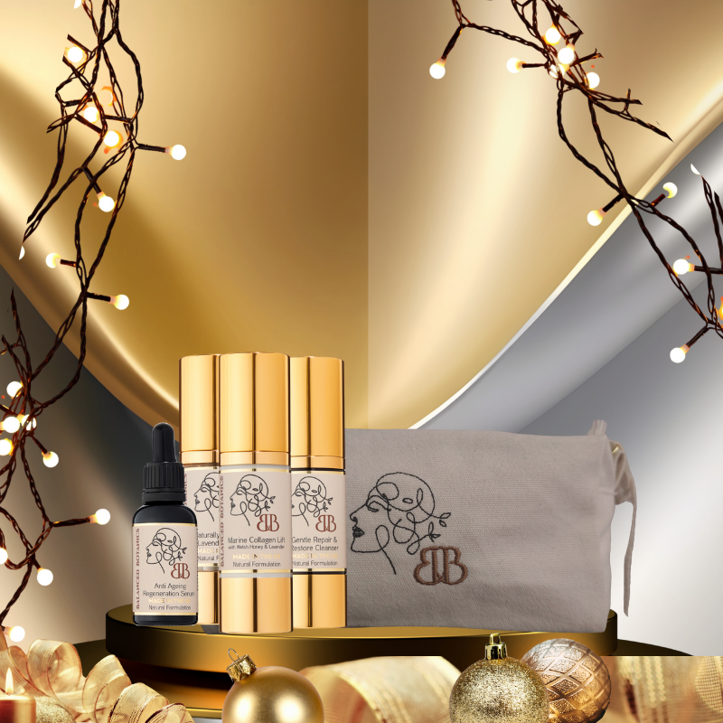 Cosmetic products with a pouch on a decorative background with lights and ornaments