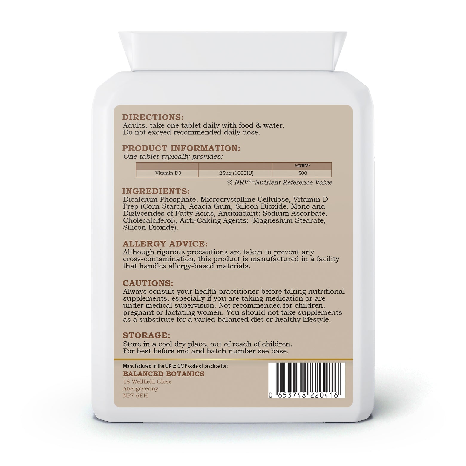 Back label of a supplement container with text and directions.