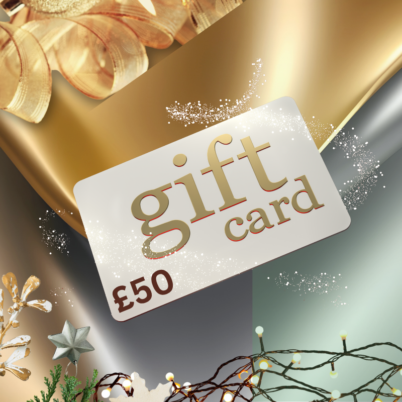 Gift card with £50 value on a decorative background with gold ribbon and Christmas lights.
