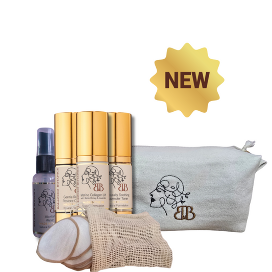 Cosmetic set with bottles, a pouch, and applicators on a white background