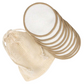 Set of reusable cotton pads with a mesh storage bag on a white background