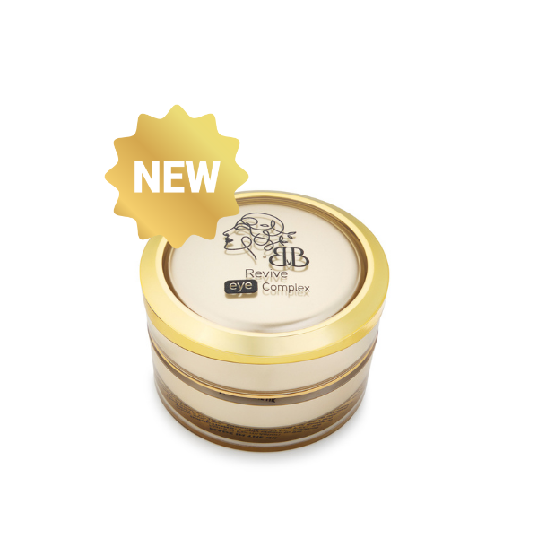 Cosmetic container with gold lid and 'NEW' label on a white background
