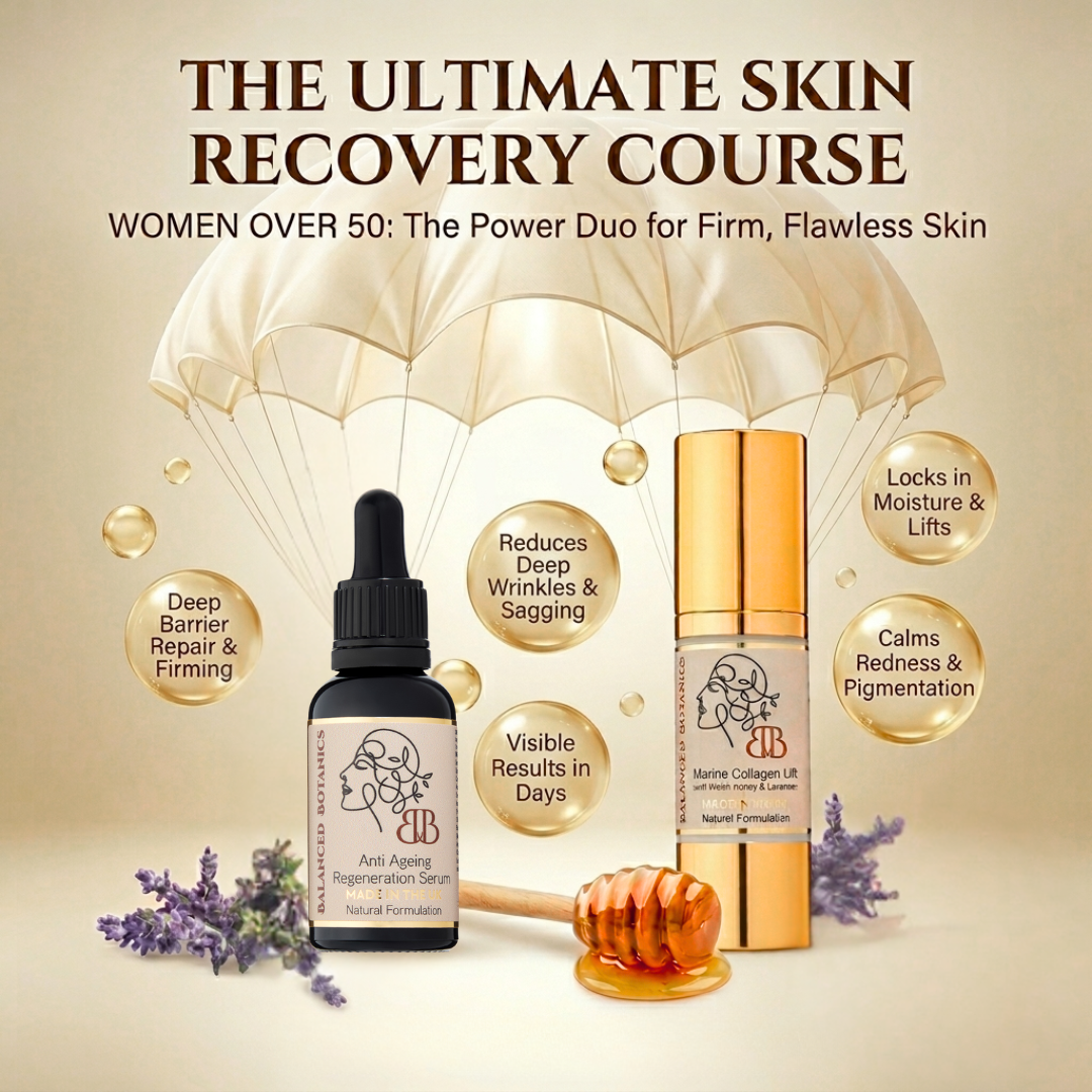 Two skincare products from BB Natural Formulas are displayed on a beige background with decorative text and callout bubbles. The set includes a black dropper bottle labeled 'BB Natural Formulas Anti-Aging Regenerating Gel' and a gold-topped tube labeled 'BB Marine Collagen & Peptide Cream'.