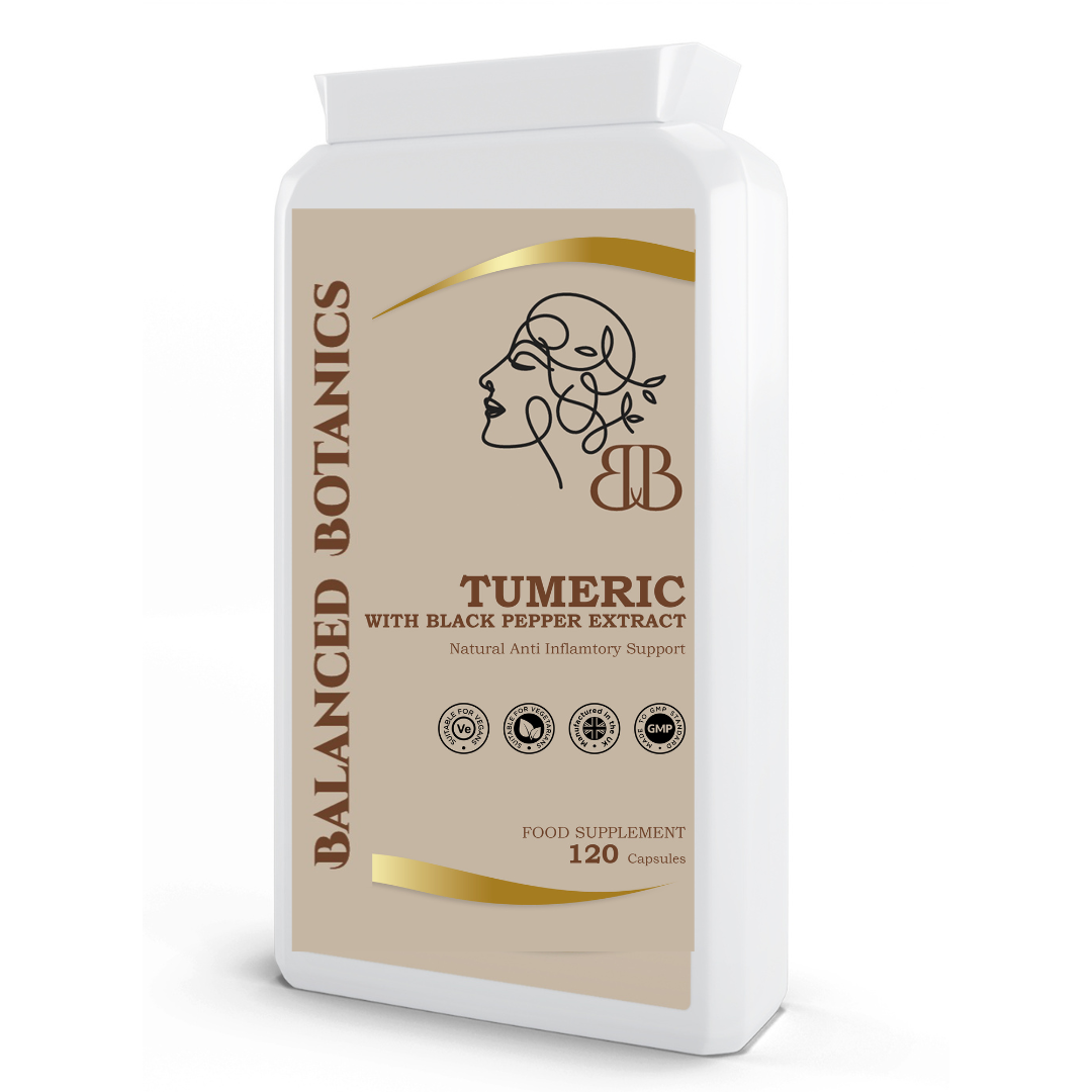 Balanced Botanics Tumeric with Black Pepper Extract supplement packaging on a white background